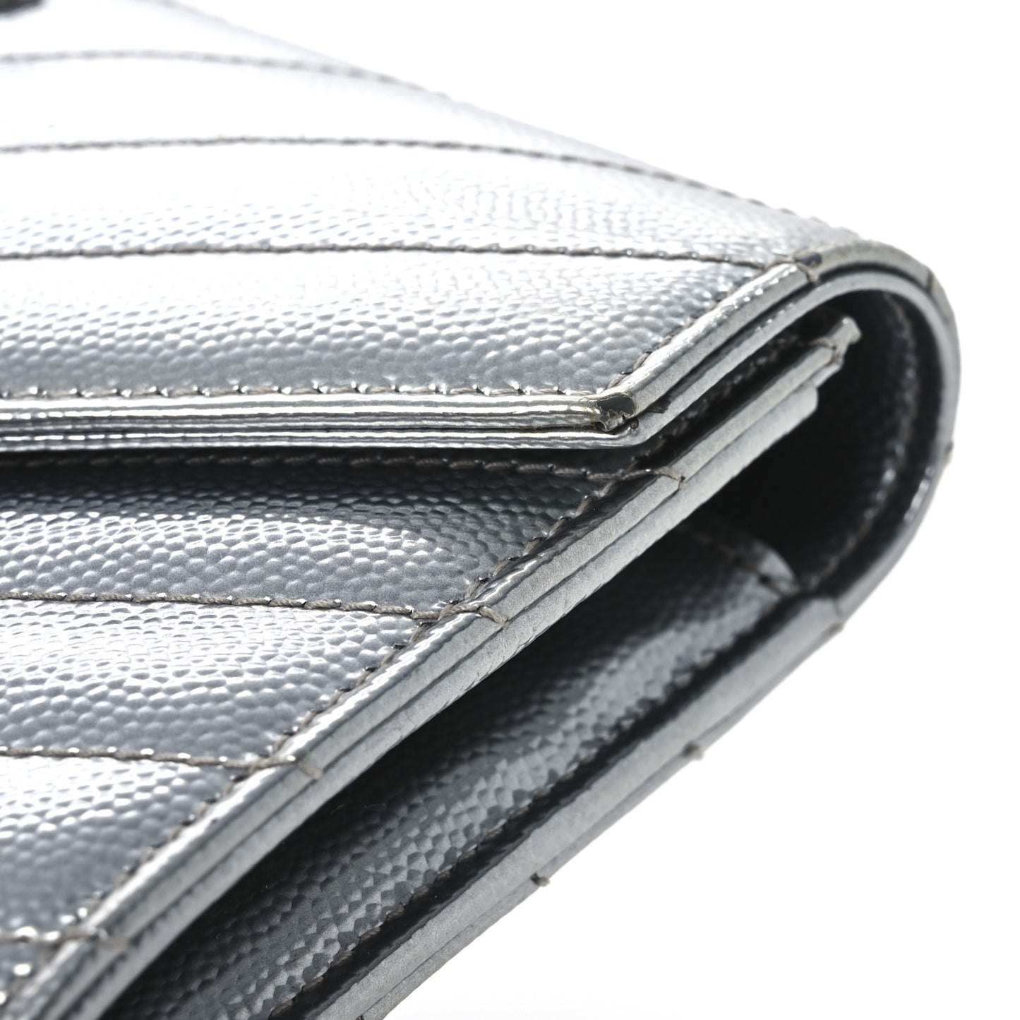 Metallic Grain De Poudre Matelasse Chevron Monogram Flap Wallet Silver