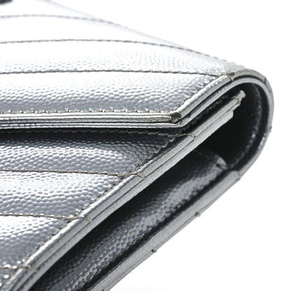 Saint Laurent Metallic Grain De Poudre Matelasse Chevron Monogram Flap Wallet Silver 15 of 16