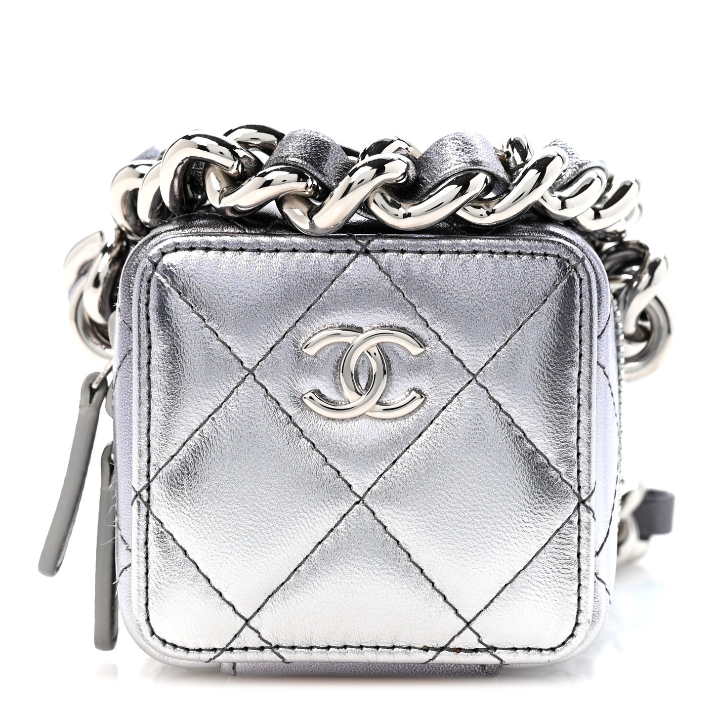 Gradient Metallic Lambskin Quilted Coco Punk Cube Clutch With Chain Silver Black