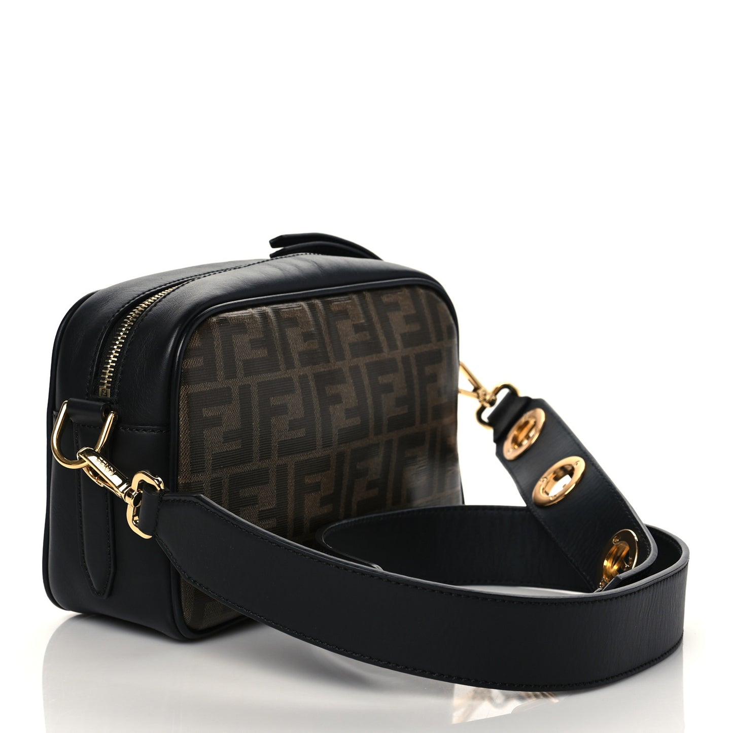 Glazed Fabric Vitello Century F is Fendi FF 1974 Stamp Patch Camera Case Mogano Panna Black