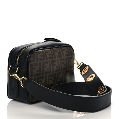 Fendi Glazed Fabric Vitello Century F is Fendi FF 1974 Stamp Patch Camera Case Mogano Panna Black 3 of 10