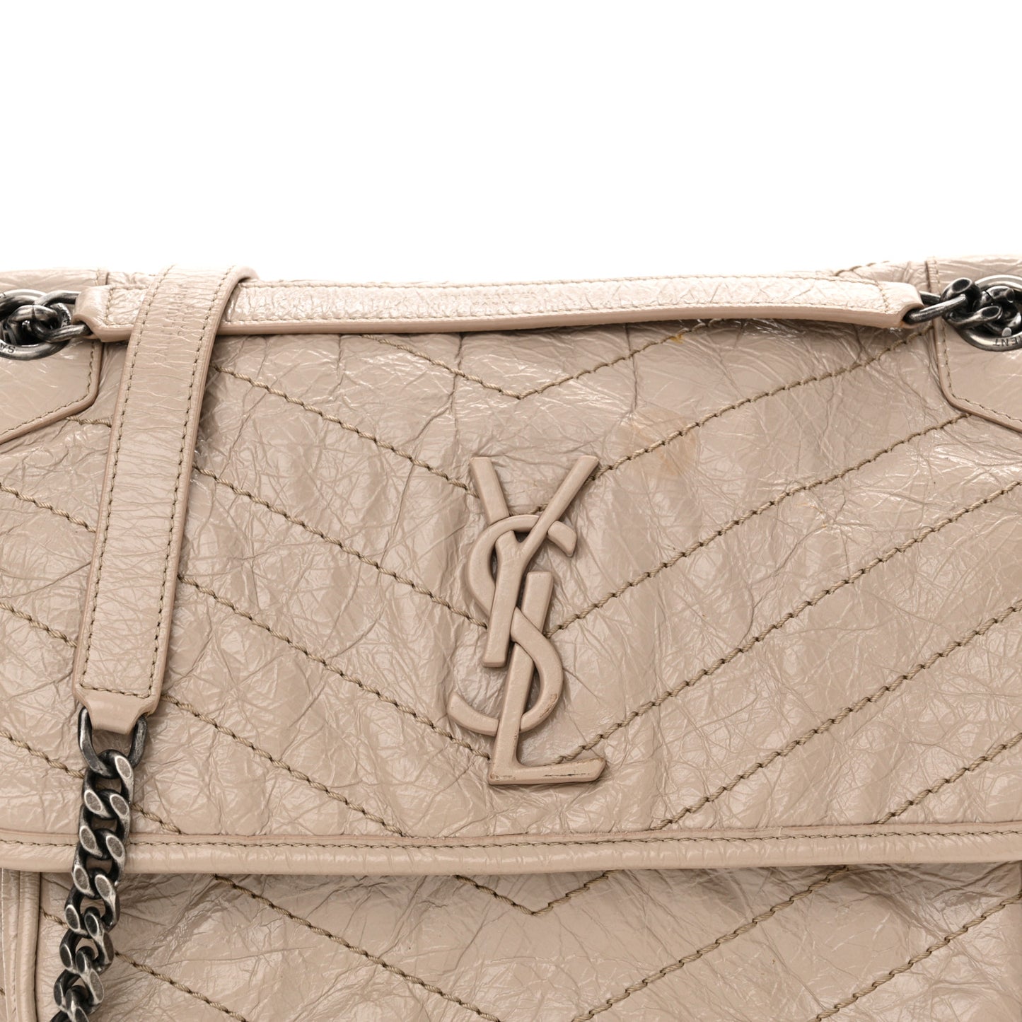 Crinkled Calfskin Matelasse Monogram Medium Niki Chain Satchel Light Taupe