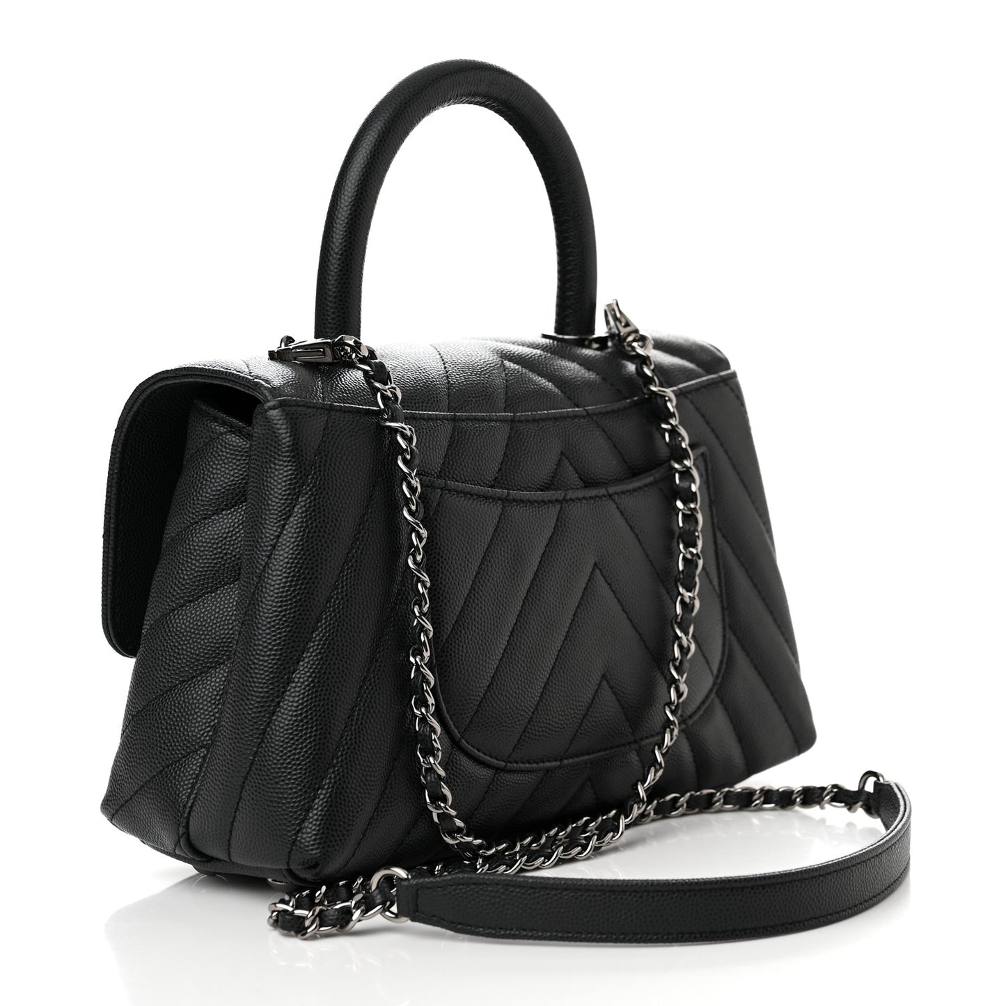 Caviar Chevron Quilted Mini Coco Handle Flap Dark Grey