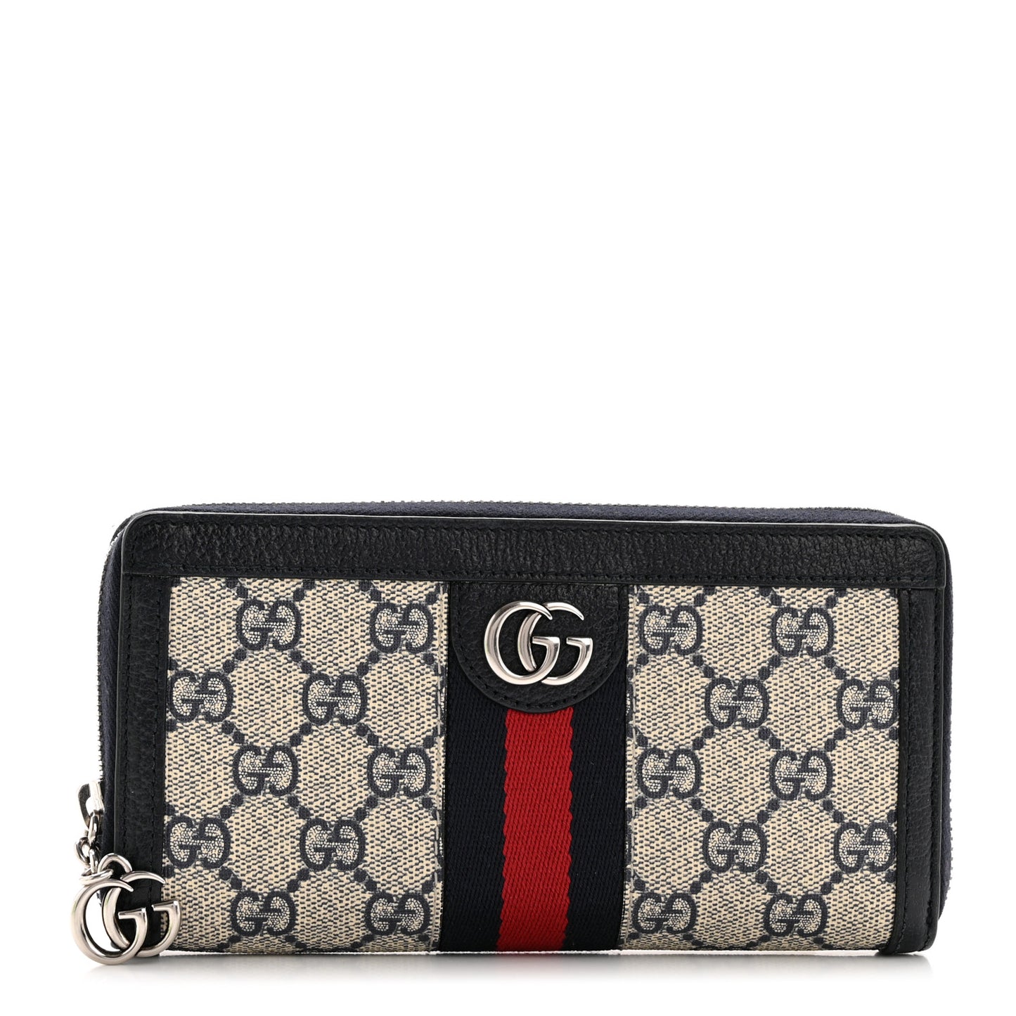 GG Supreme Monogram Textured Dollar Calfskin Web Ophidia Zip Around Wallet Beige Blue