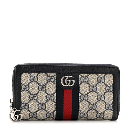 Gucci GG Supreme Monogram Textured Dollar Calfskin Web Ophidia Zip Around Wallet Beige Blue 1 of 9