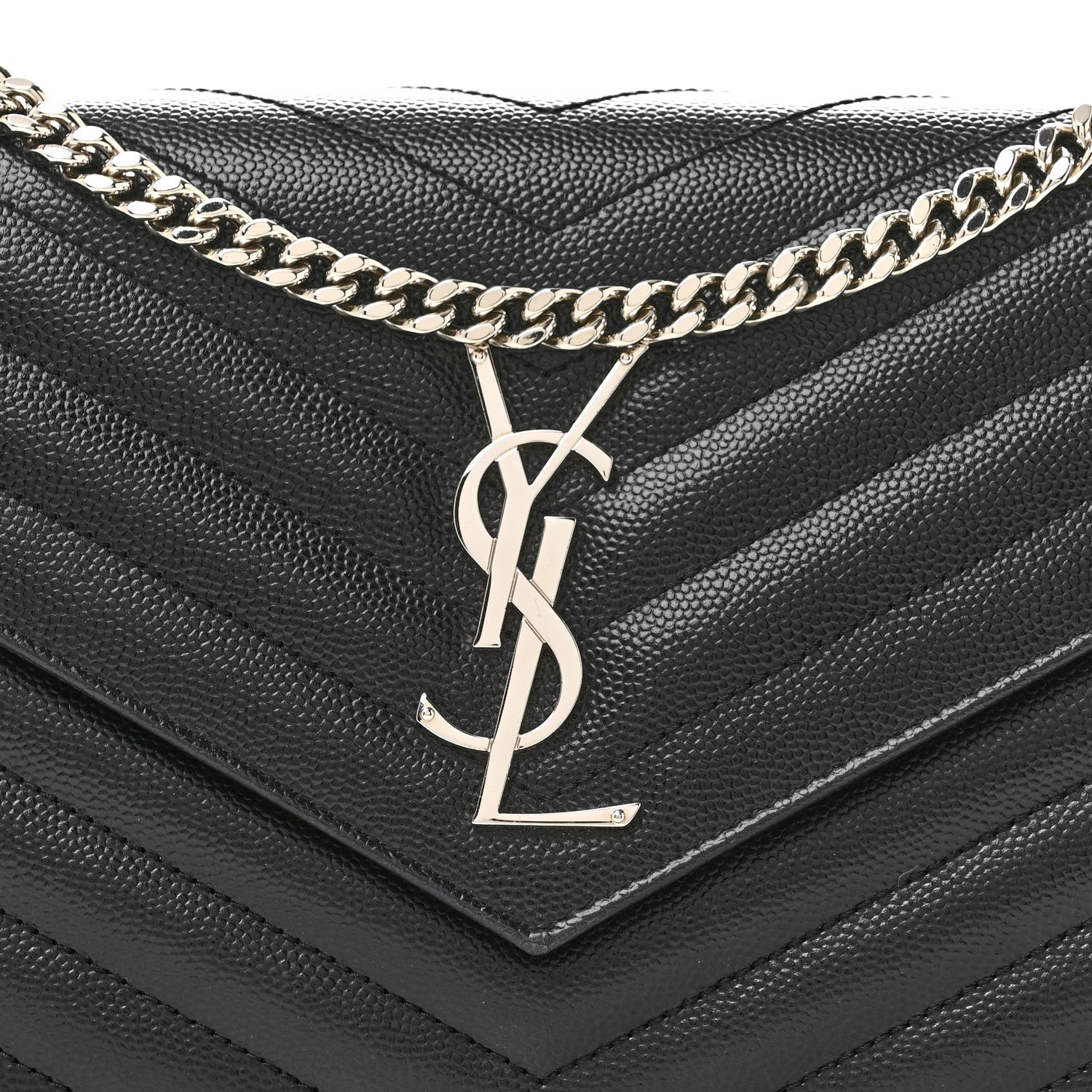 Saint Laurent Grain De Poudre Matelasse Chevron Monogram Chain Wallet Black 9 of 14