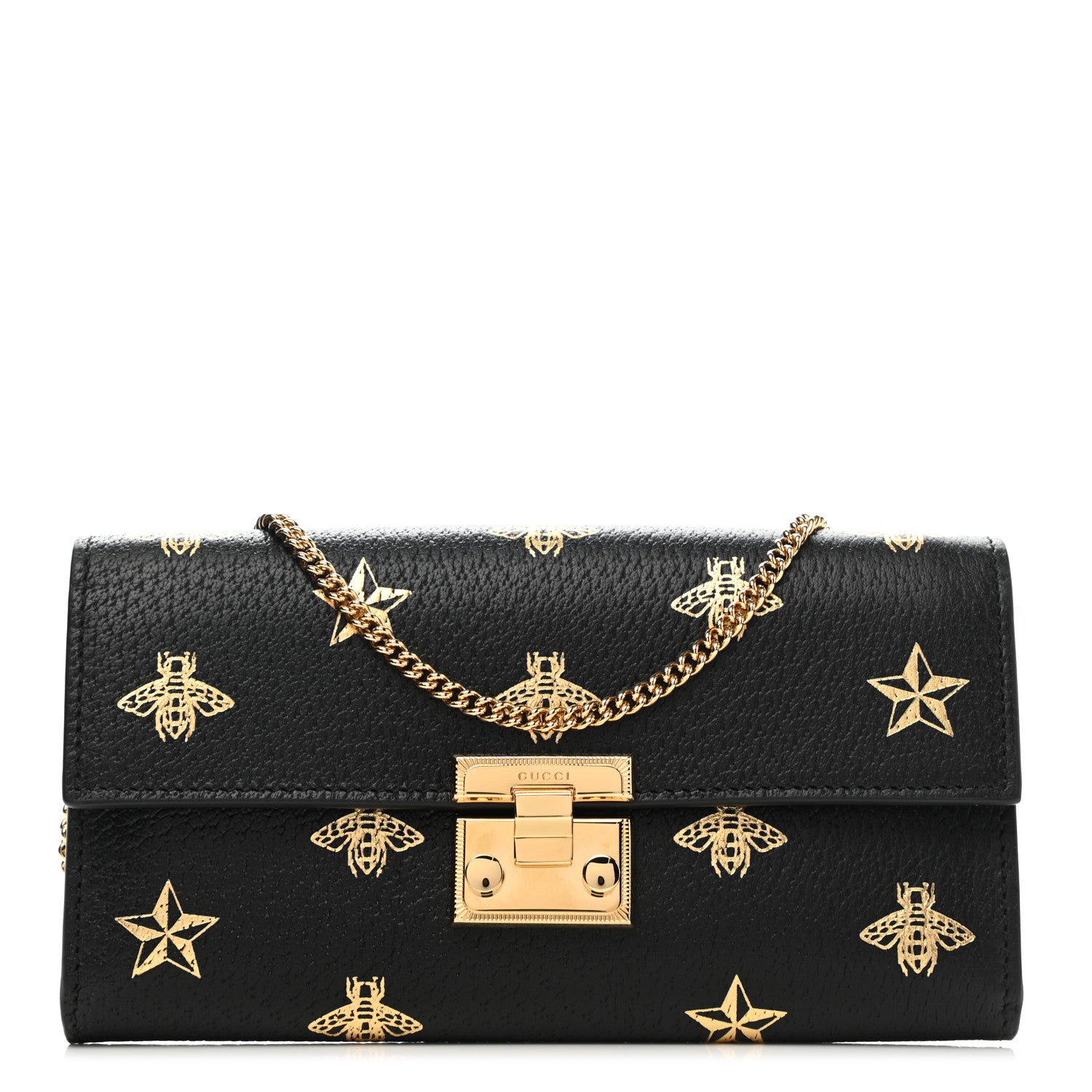 Gucci Grained Calfskin Bee Star Continental Chain Wallet Black 1 of 8