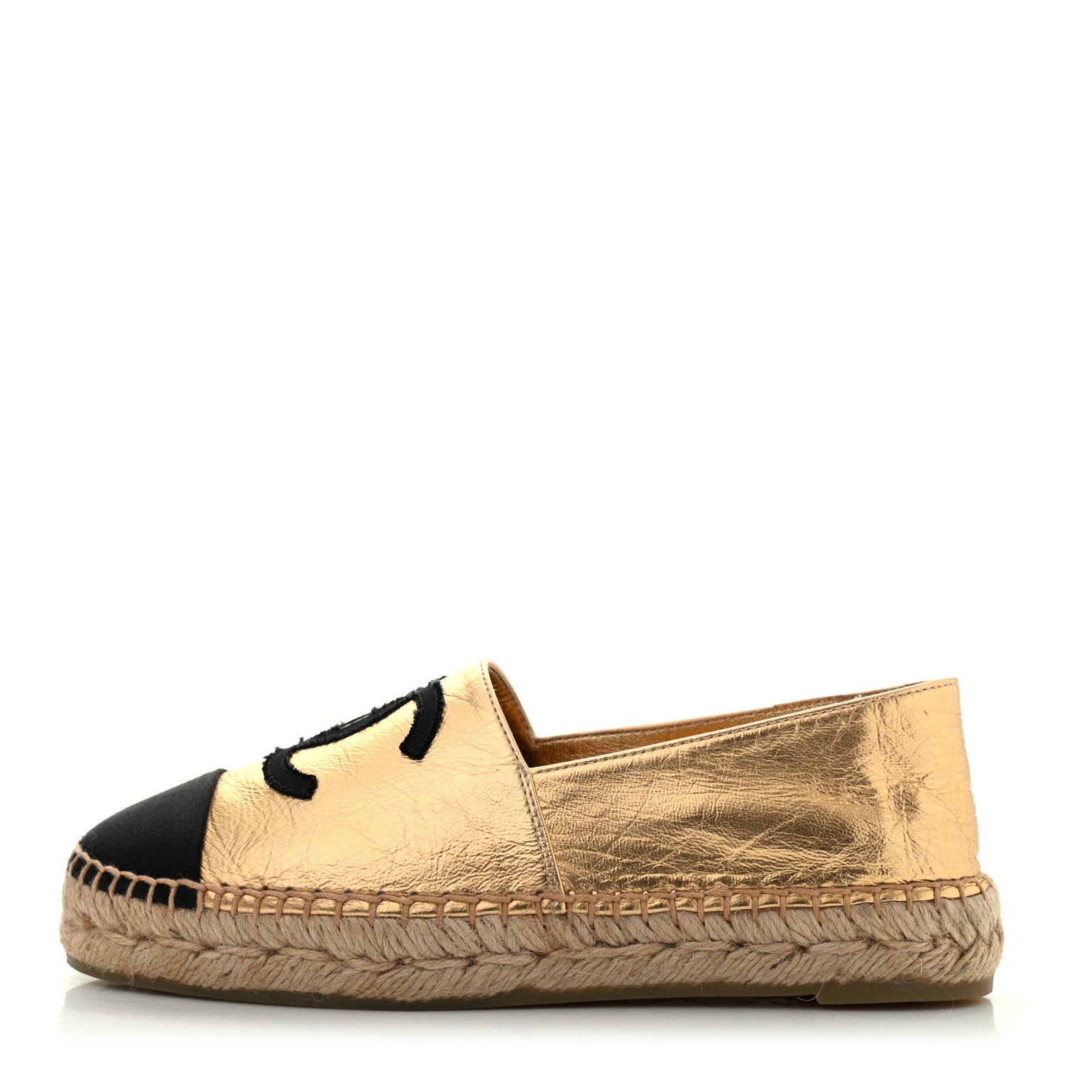 Chanel Laminated Lambskin Grosgrain CC Espadrilles 35 Gold Black 1 of 7