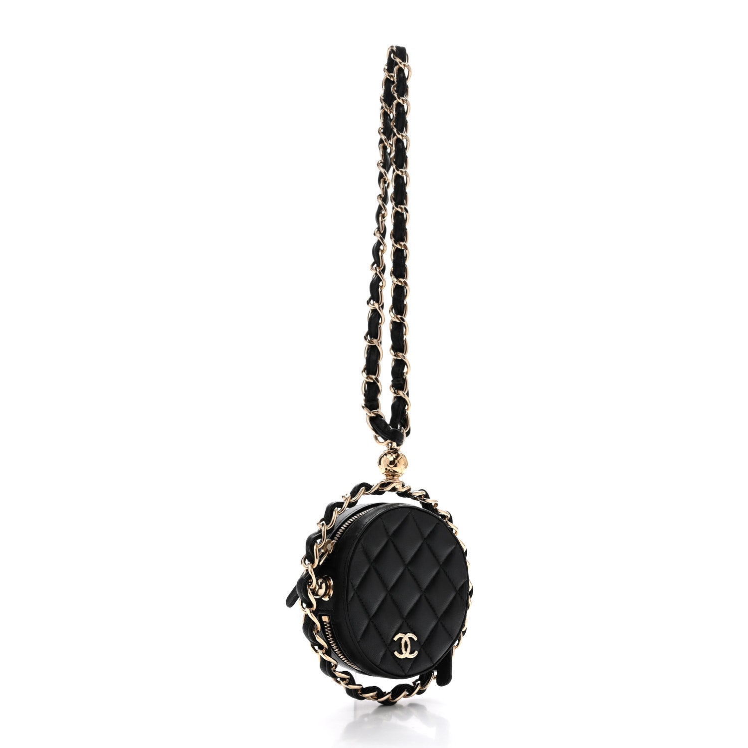Chanel Lambskin Quilted Chain Round Mini Clutch Black 3 of 12
