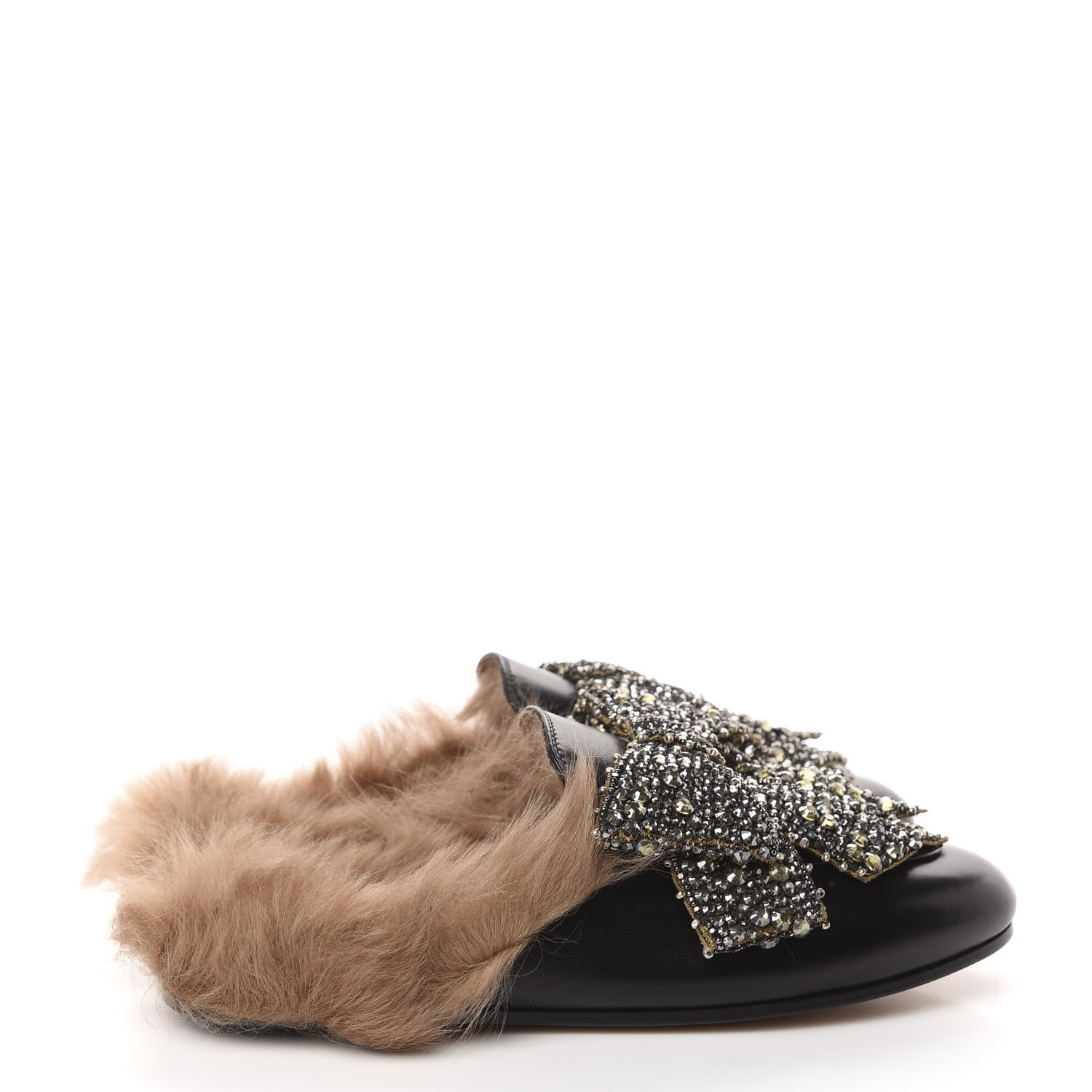 Gucci Malaga Kid Fur Crystal Bow Embroidered Womens Princetown Slippers 37.5 Black 4 of 9