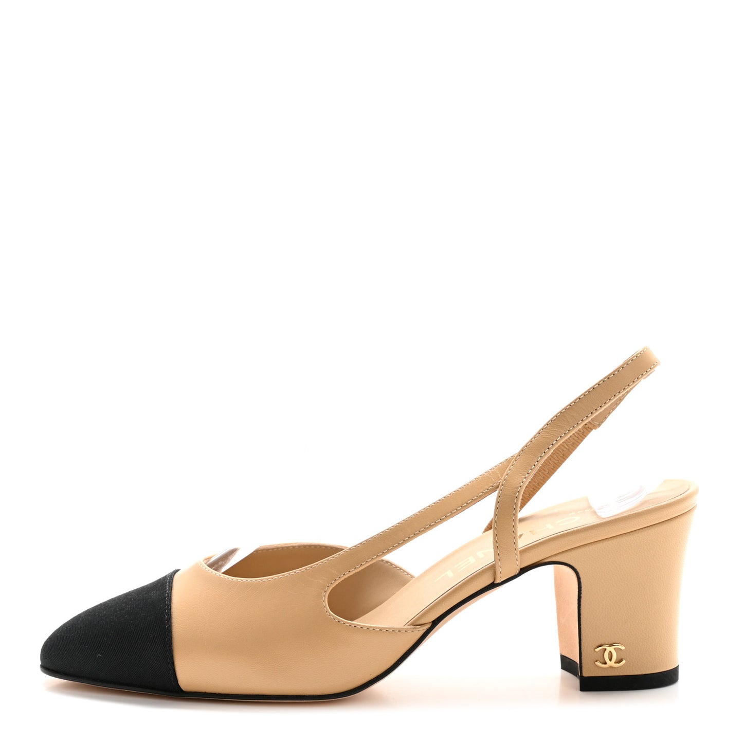 Goatskin Grosgrain Cap Toe CC Slingback Pumps 36.5 Beige Black