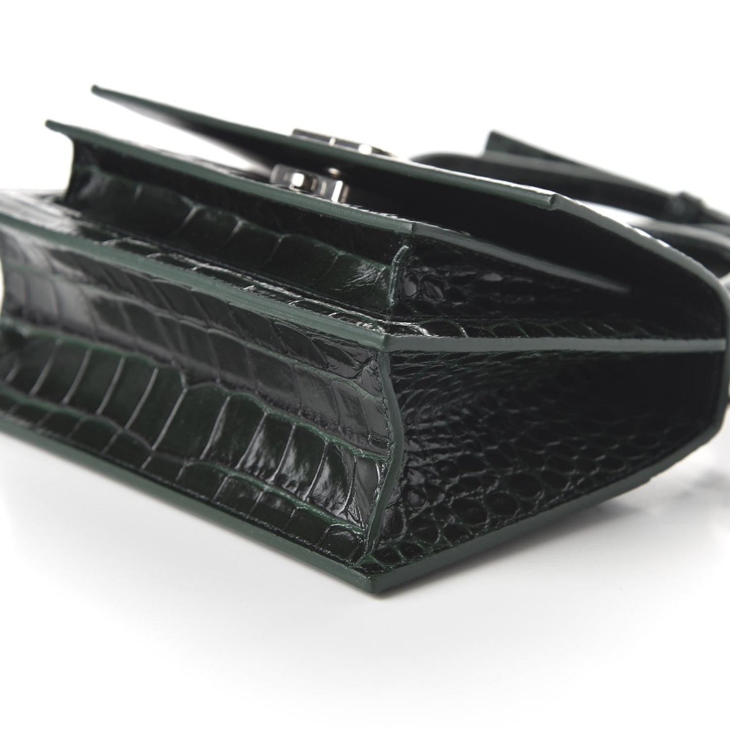 Shiny Calfskin Crocodile Embossed XS Sharp Top Handle Bag Forest Green