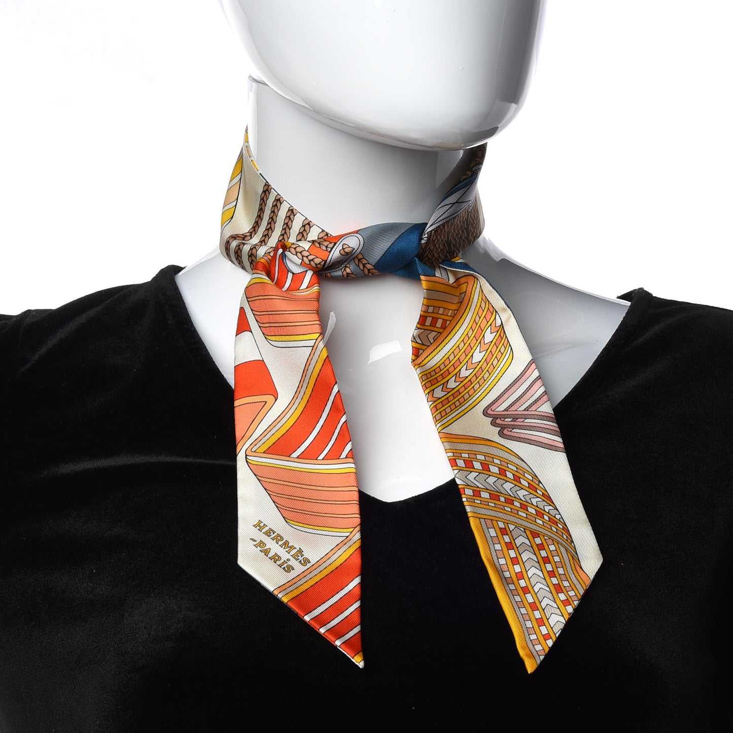 Silk Sangles En Zigzag Twilly Ivory Orange Bleu