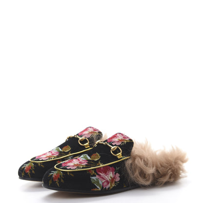 Gucci Velvet Fur Floral Womens Princetown Slippers 39 Black 3 of 9