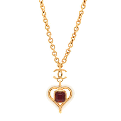 Chanel Resin Crystal Heart CC Pendant Necklace Red White Gold 1 of 4