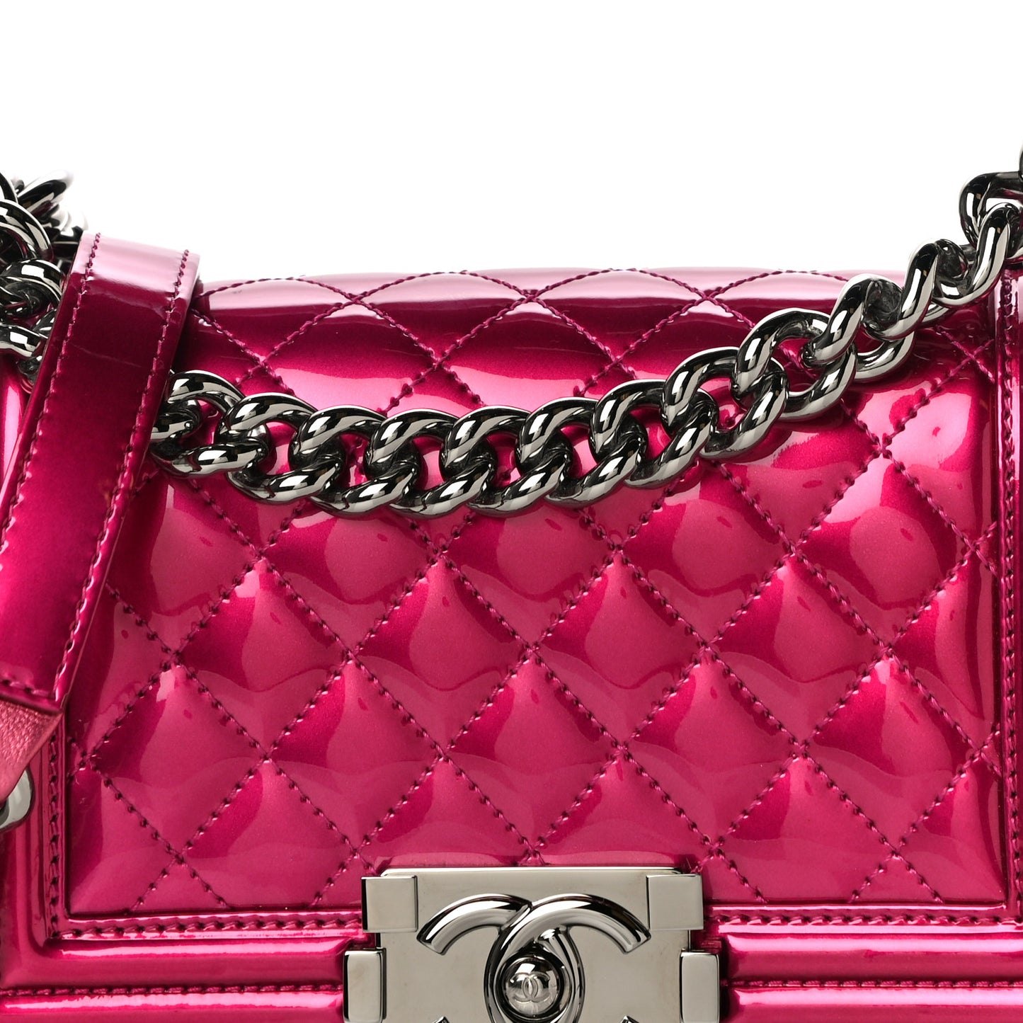 Metallic Patent Calfskin Quilted Small Boy Flap Pink