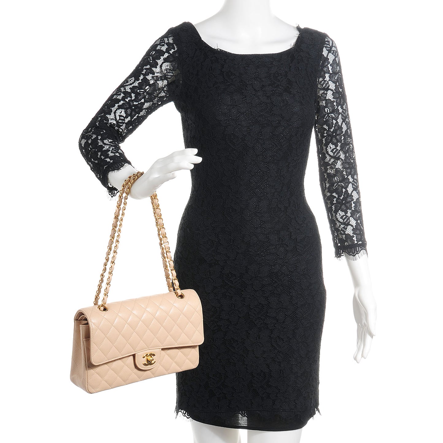 Caviar Quilted Medium Double Flap Beige Clair