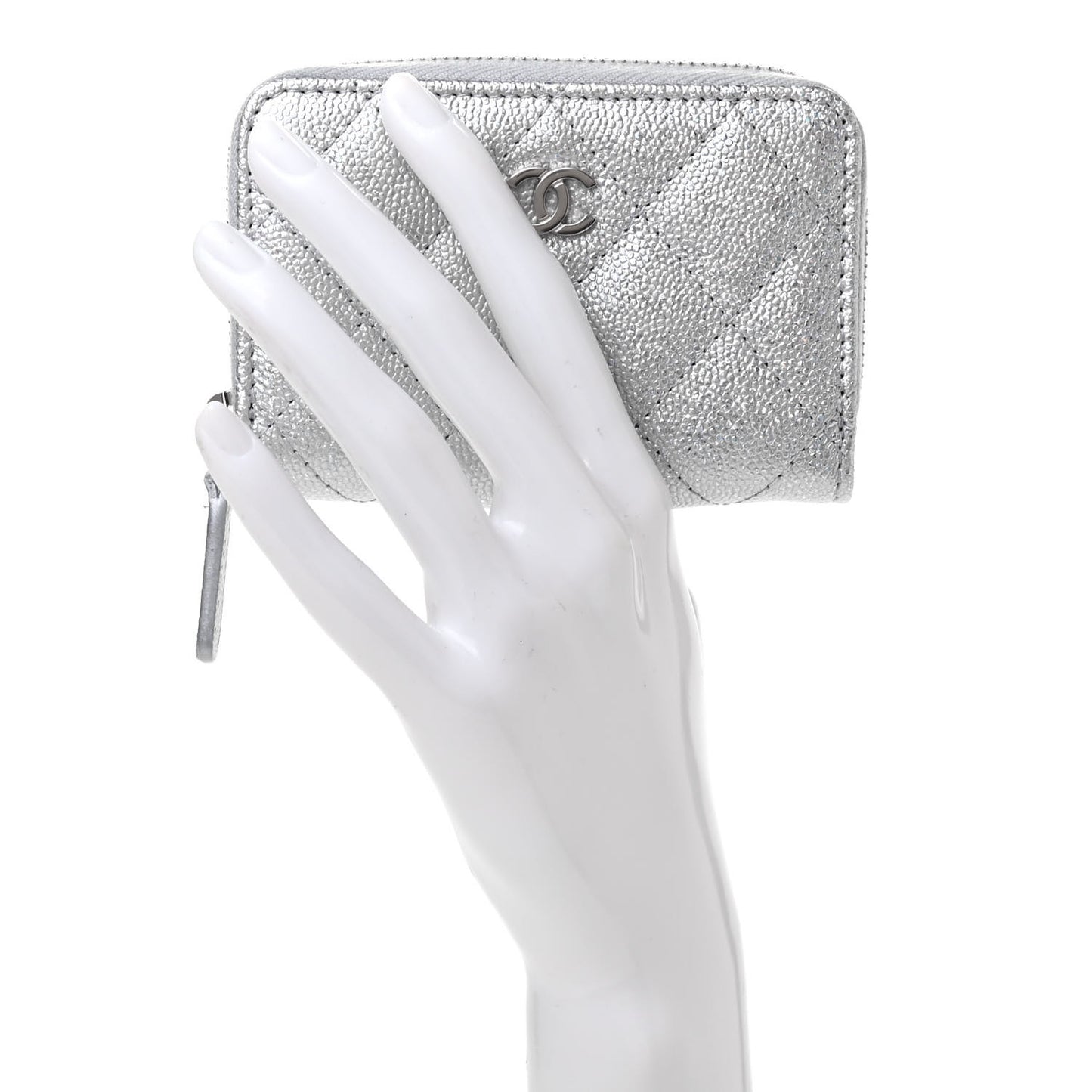 Glittered Metallic Caviar Quilted Zip Coin Purse Wallet Silver