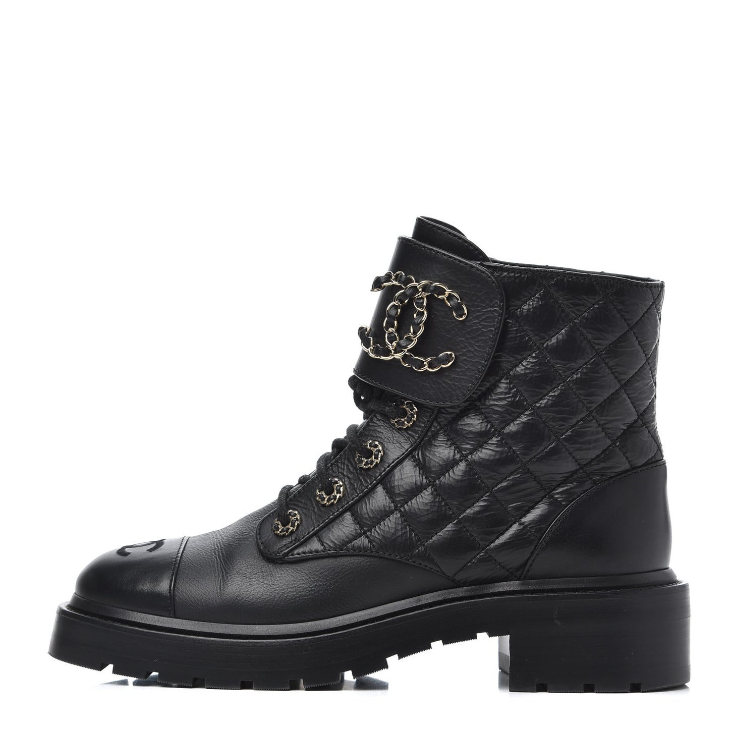 Shiny Goatskin Calfskin Quilted Lace Up Combat Boots 38.5 Black