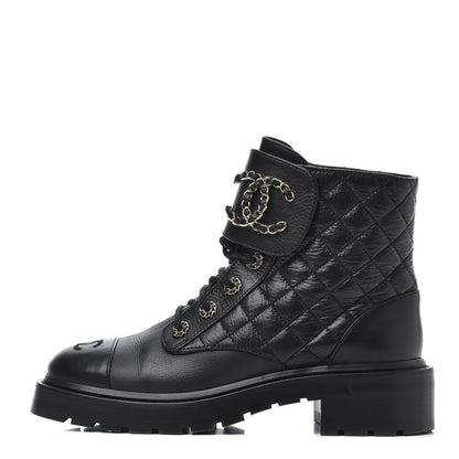 Chanel Shiny Goatskin Calfskin Quilted Lace Up Combat Boots 38.5 Black 1 of 14