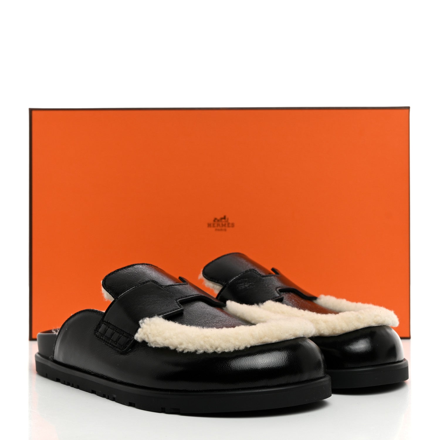 Hermes Glazed Nappa Shearling Shearling Go Mules 37 Black Ecru 10 of 10