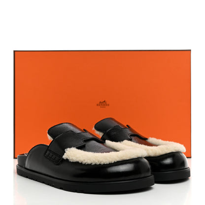 Hermes Glazed Nappa Shearling Shearling Go Mules 37 Black Ecru 10 of 10