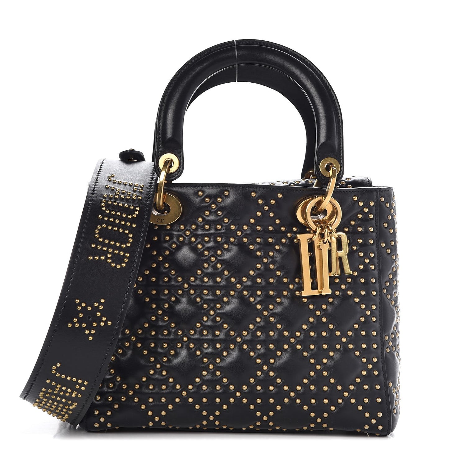 Calfskin Cannage Studded Medium Supple Lady Dior Black