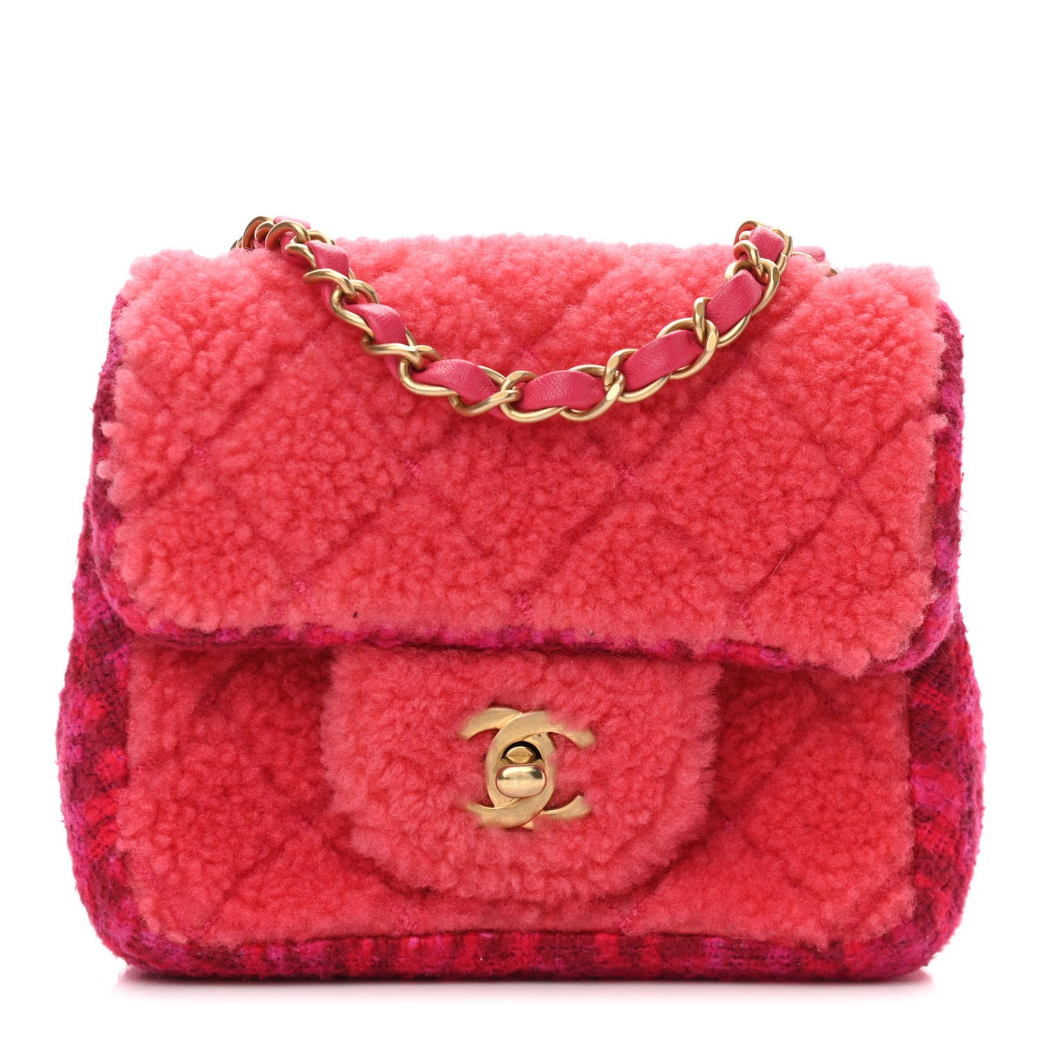 Chanel Shearling Tweed Quilted Mini Square Flap Bag Pink 1 of 12