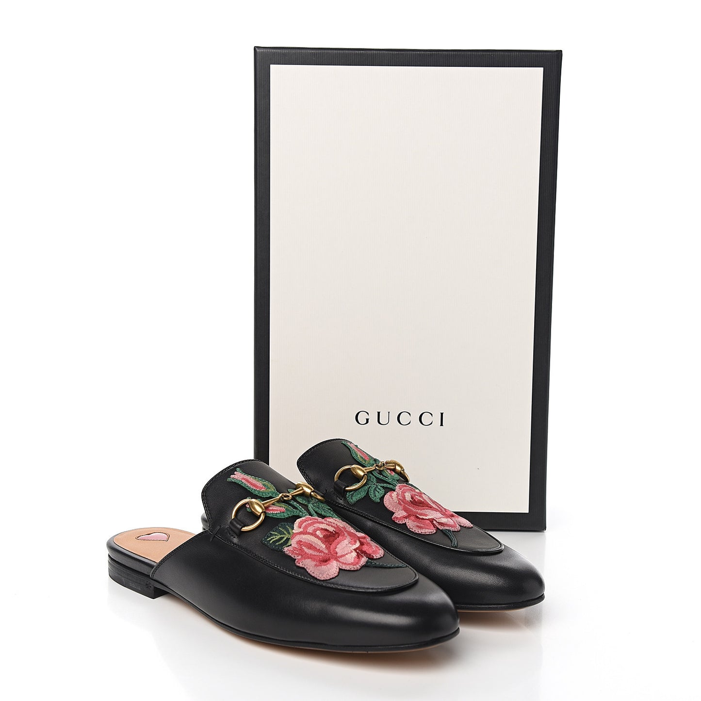 Calfskin Flower Embroidered Womens Princetown Slippers 37.5 Black