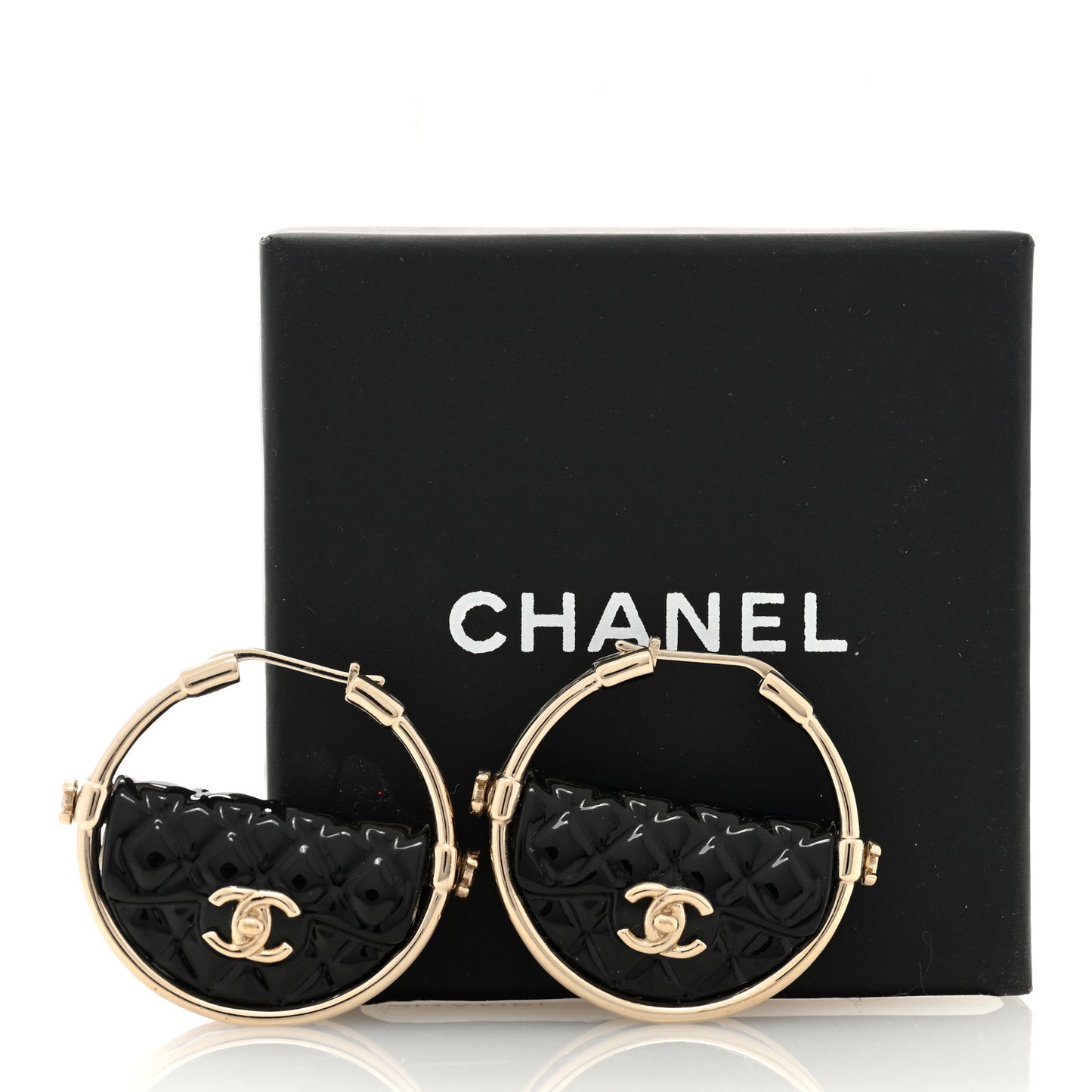 Metal Resin Quilted Flap Bag Hoop Earrings Black Gold