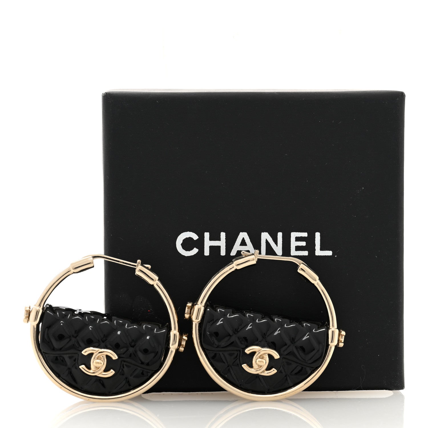 Chanel Metal Resin Quilted Flap Bag Hoop Earrings Black Gold 5 of 5