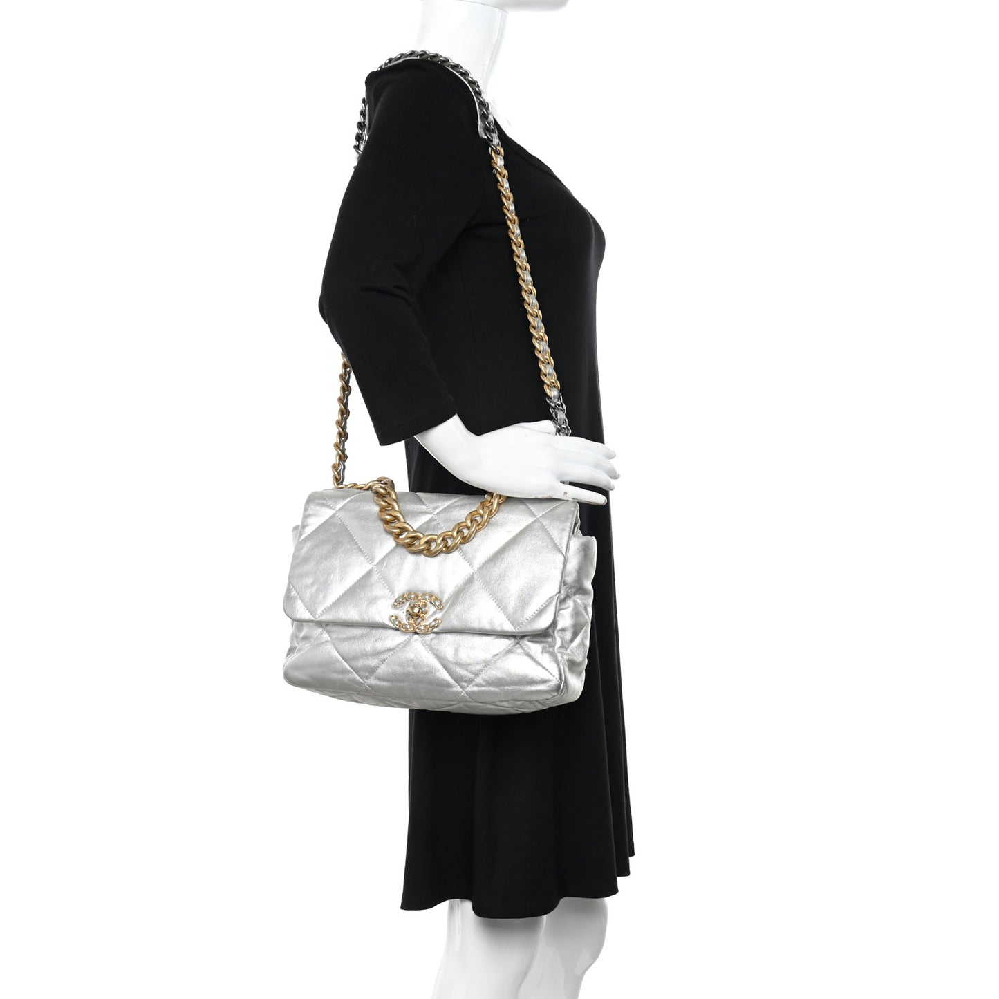 Metallic Lambskin Quilted Large Chanel 19 Flap Silver