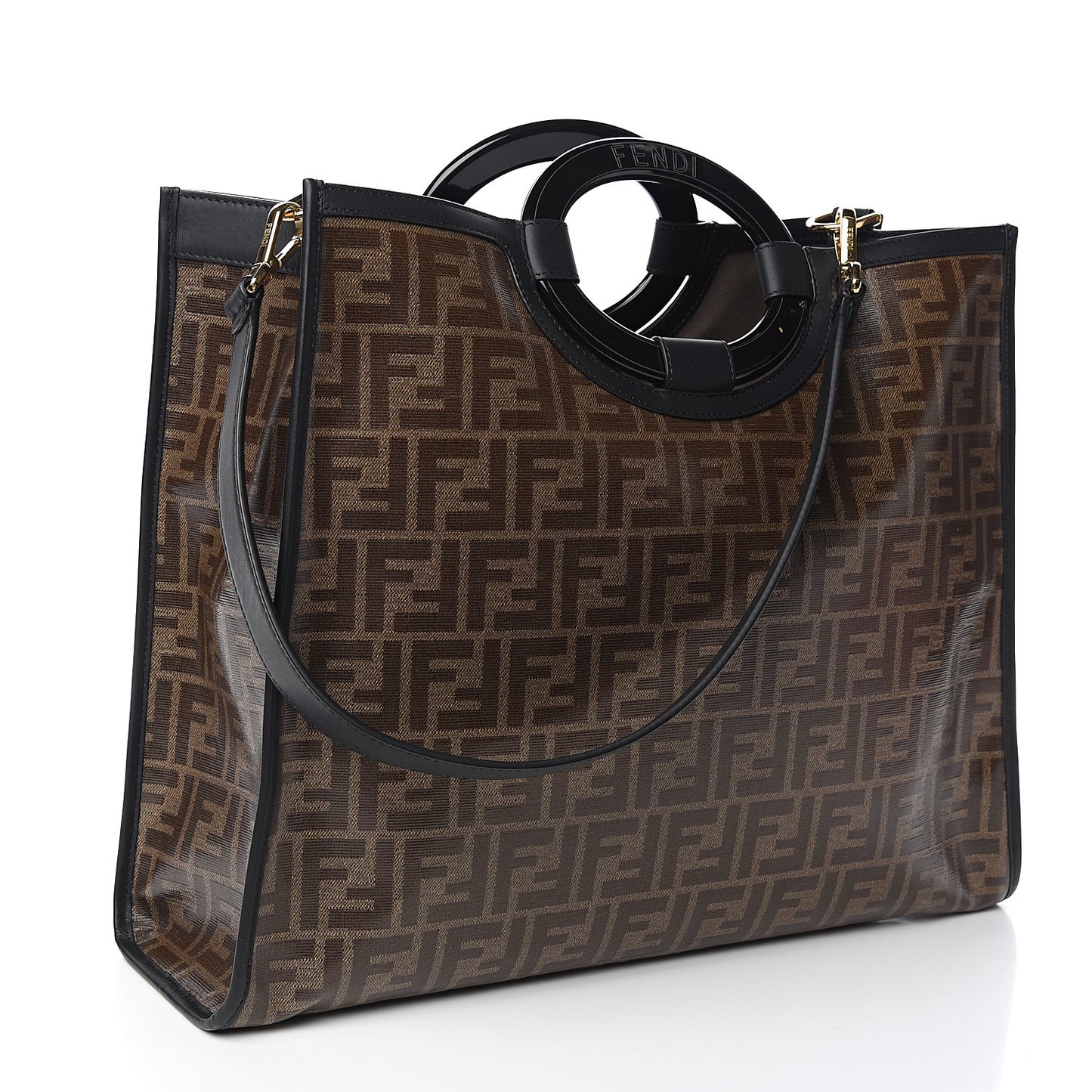 Glazed Fabric Vitello Century Plexiglass FF 1974 Stamp Patch Medium Runaway Shopper Tote Mogano Panna Black