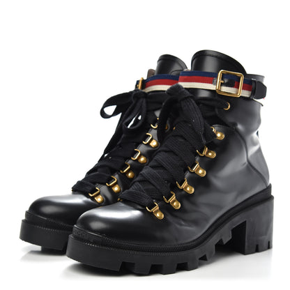 Gucci Calfskin Womens Sylvie Web Lace Up Combat Boots 41 Black 3 of 8