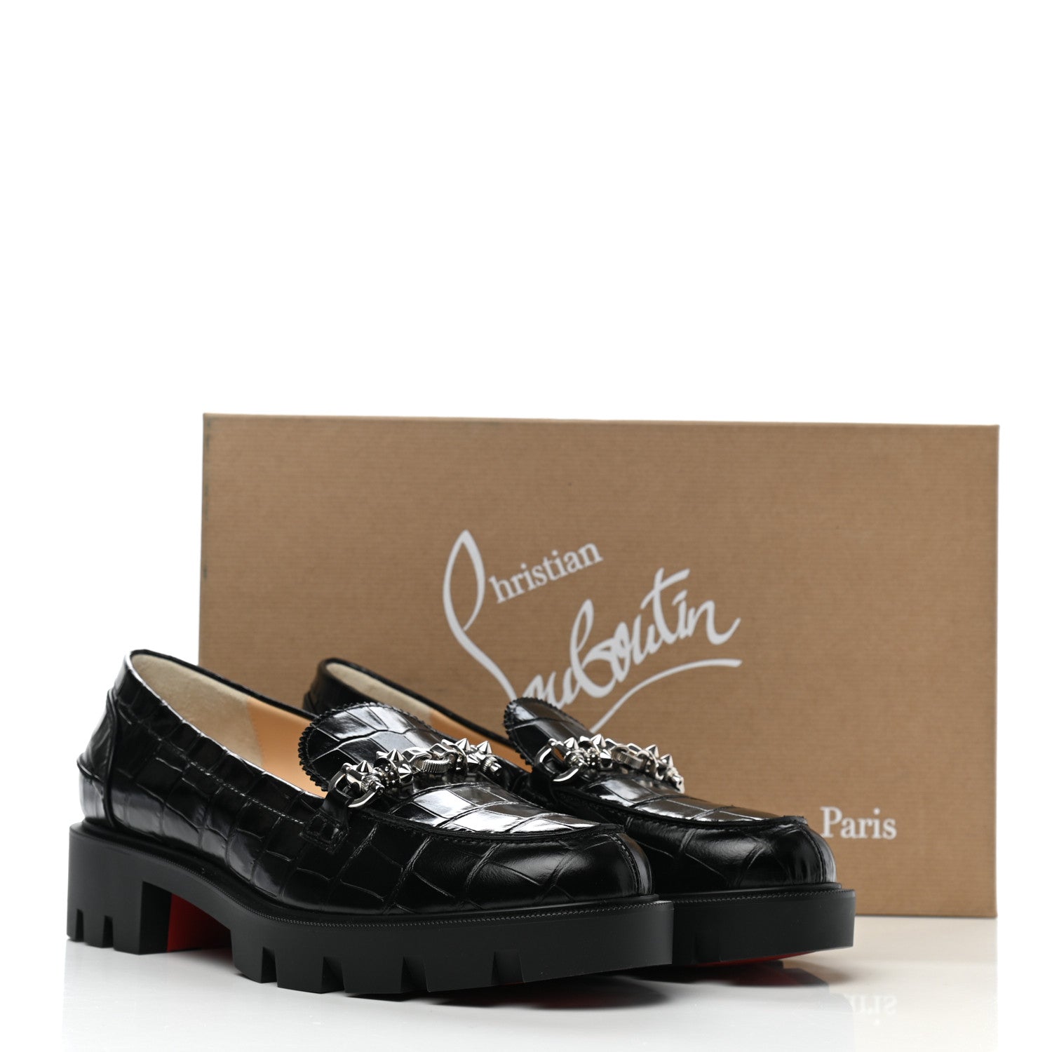 Christian Louboutin Croc Calfskin Embossed Womens Lug Swing Loafers 39.5 Black 9 of 9