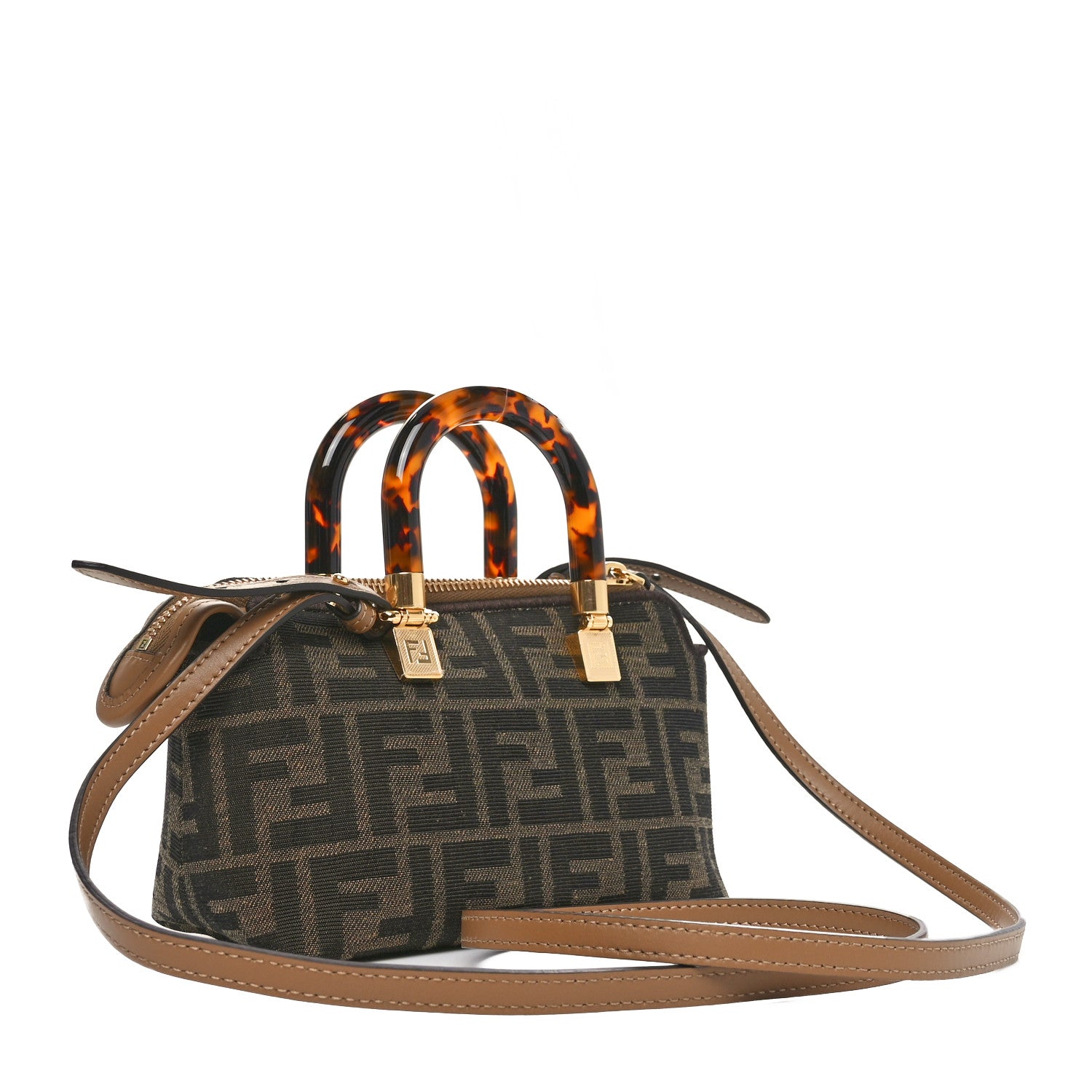 Fendi Fabric Jacquard Vitello King Plexiglass FF 1974 Logo Embroidered Mini By The Way Top Handle Boston Bag Tobacco Moro Sand 3 of 10
