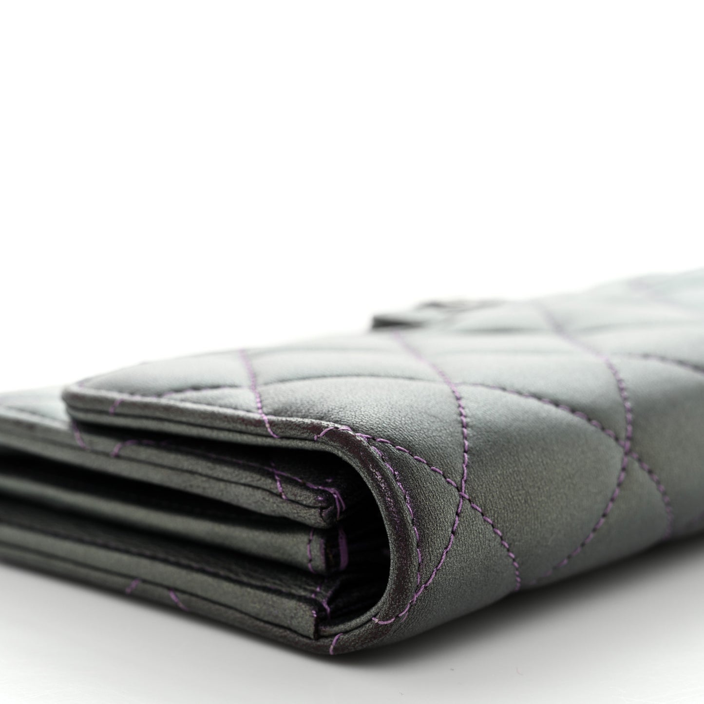 Iridescent Lambskin Quilted Large Gusset Flap Wallet Purple