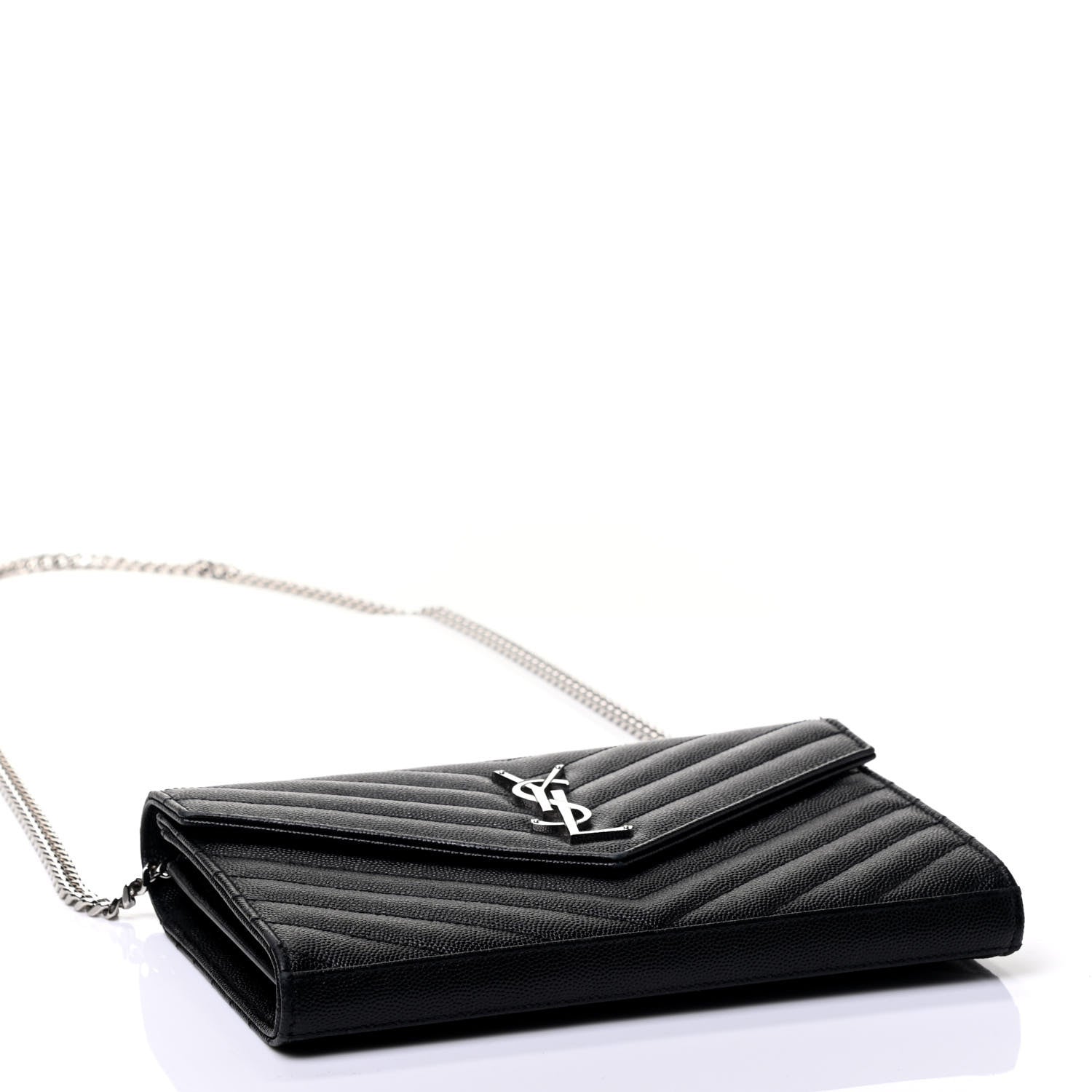 Saint Laurent Grain De Poudre Matelasse Chevron Monogram Chain Wallet Black 3 of 4