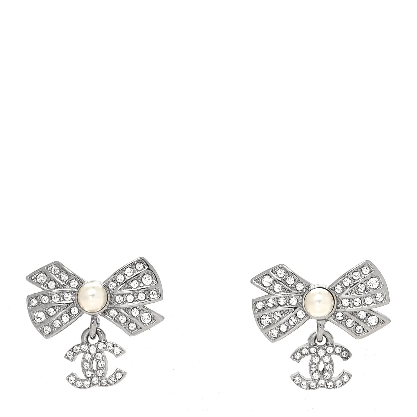 Crystal Pearl Bow CC Drop Earrings Silver