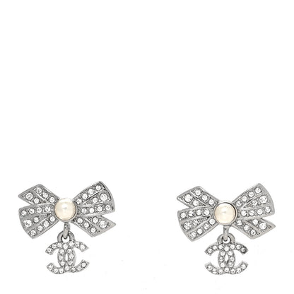 Chanel Crystal Pearl Bow CC Drop Earrings Silver 1 of 4