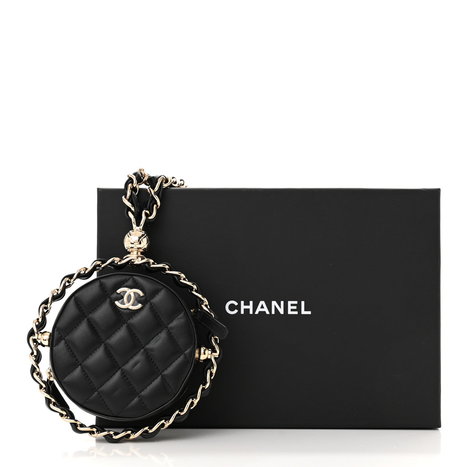 Chanel Lambskin Quilted Chain Round Mini Clutch Black 11 of 11