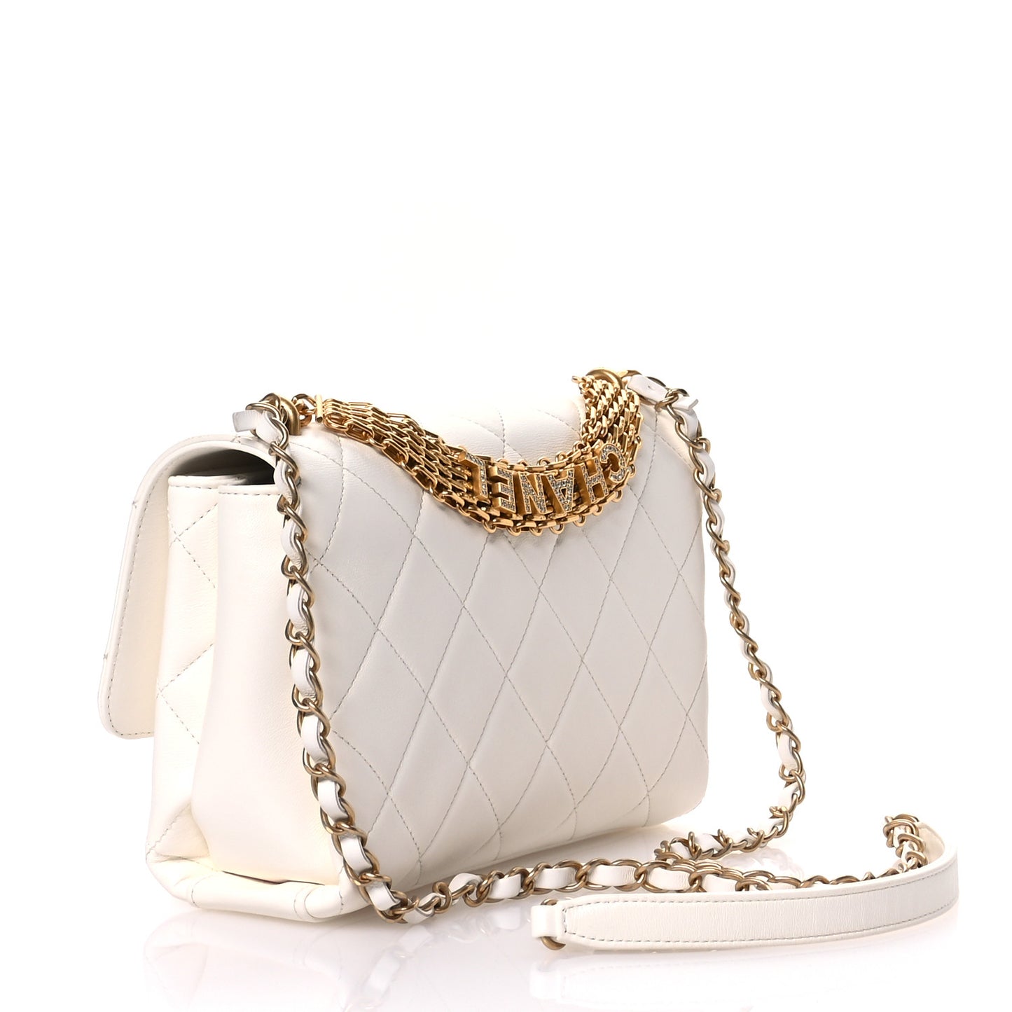 Lambskin Quilted CC Crystal Logo Chain Flap White