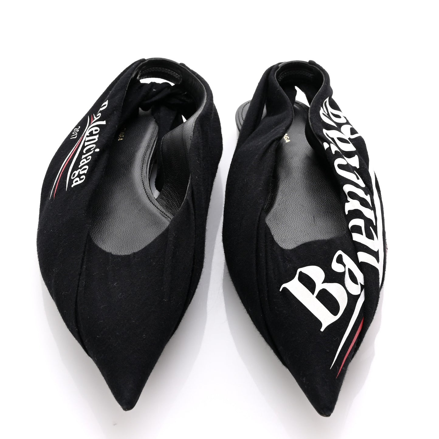 Jersey Crepe Political Campaign Logo Knife Pointed Slingback Flats 40 Black White Rouge