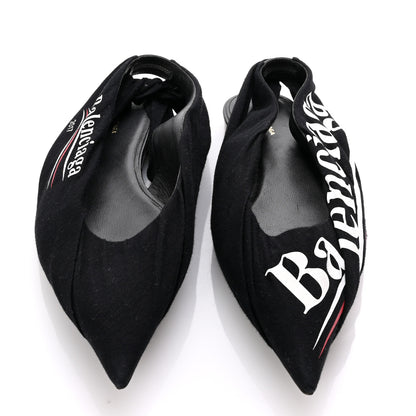 Balenciaga Jersey Crepe Political Campaign Logo Knife Pointed Slingback Flats 40 Black White Rouge 3 of 9