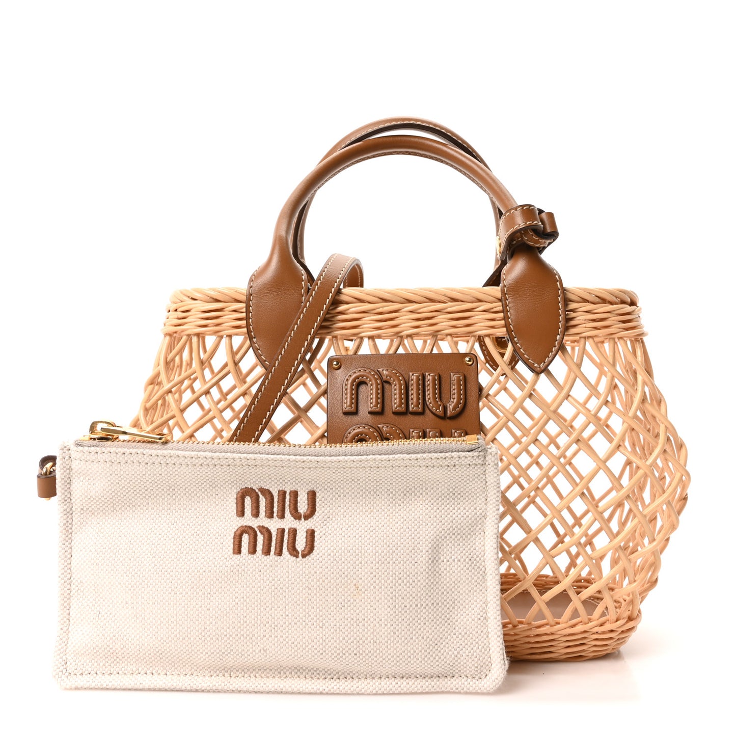 Woven Fabric Calfskin Logo Basket Bag Naturale Caramel
