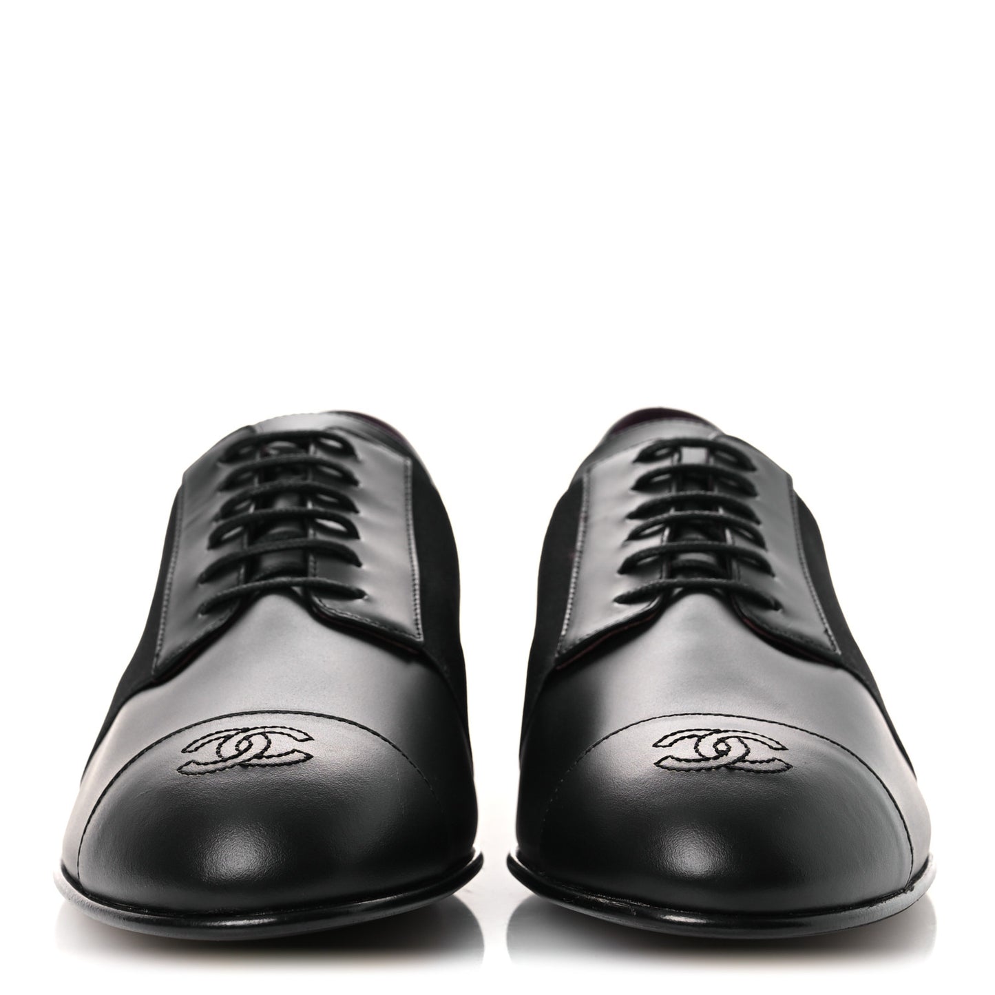 Calfskin Elastic Lace Up Cap Toe CC Loafers 42 Black