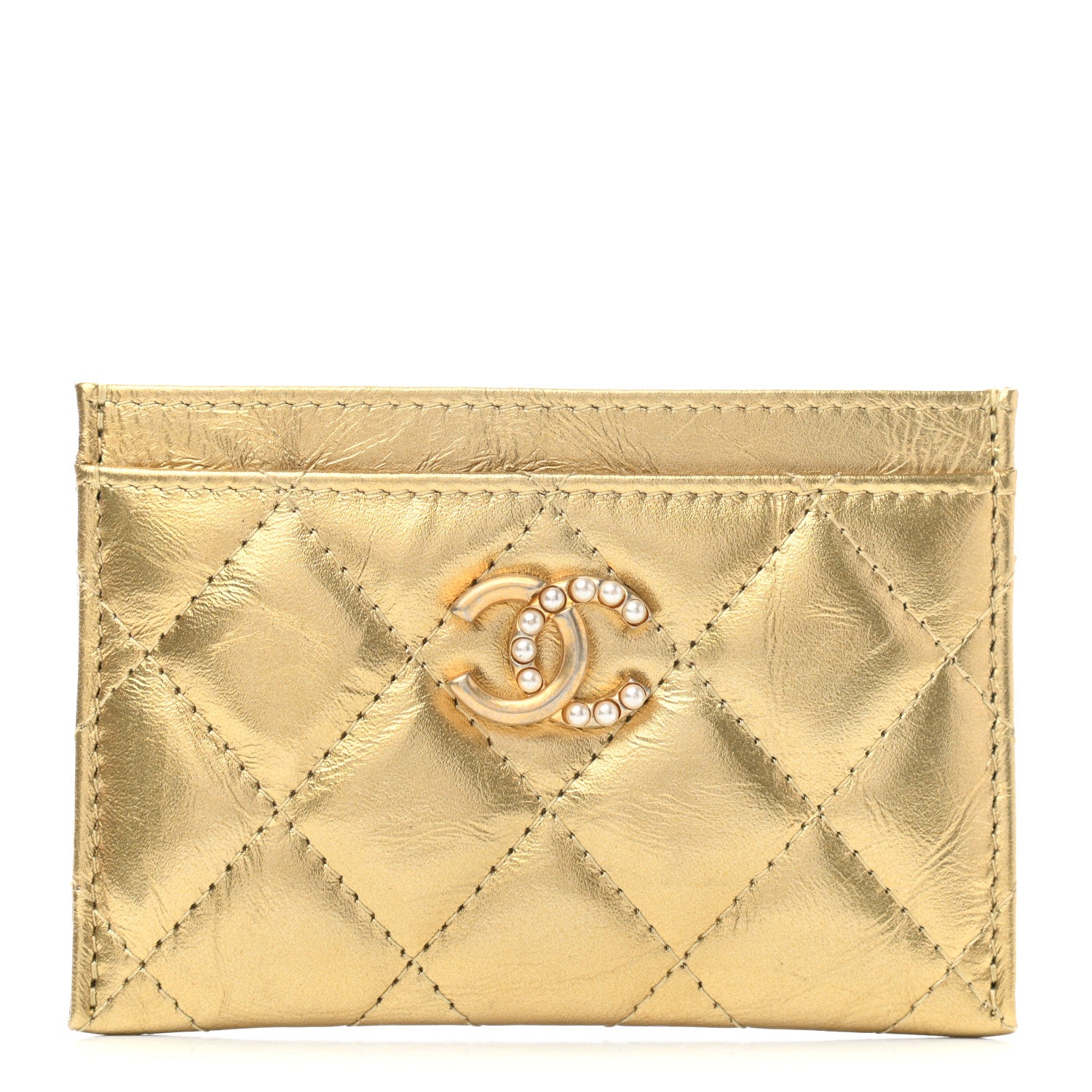 Chanel Aged Metallic Calfskin Pearl CC Quilted Card Holder Gold 1 of 8