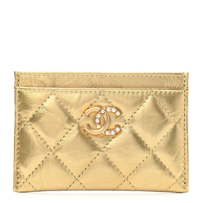 Chanel Aged Metallic Calfskin Pearl CC Quilted Card Holder Gold 1 of 8