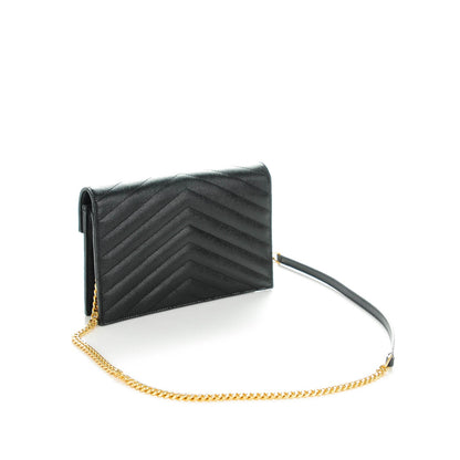 Saint Laurent Grain De Poudre Matelasse Chevron Monogram Chain Wallet Black 3 of 7