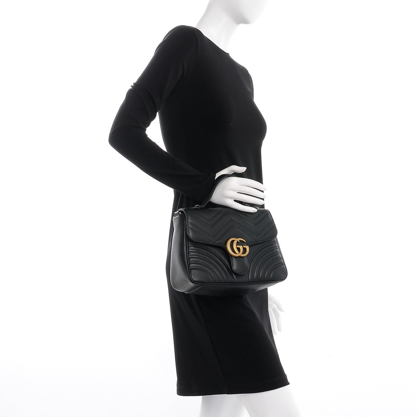 Calfskin Matelasse Small GG Marmont Top Handle Shoulder Bag Black